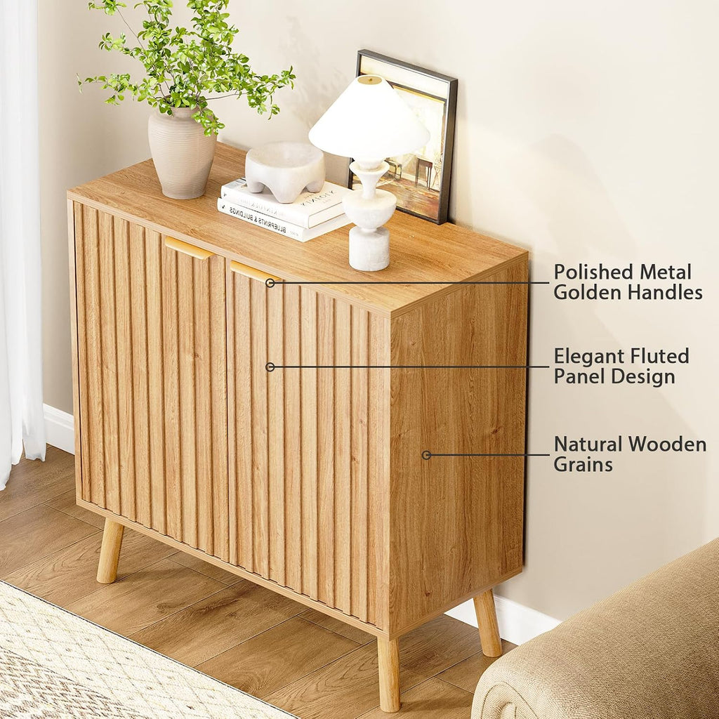 Fluted Storage Cabinet, Buffet Cabinet with Storage, Wood Sideboard with Adjustable Shelf, Modern Accent Cabinet &