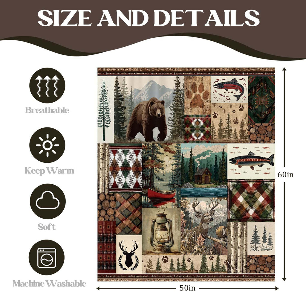 Bear Deer Flannel Blanket for Men, Rustic Cabin Throw, 50x60 Inch