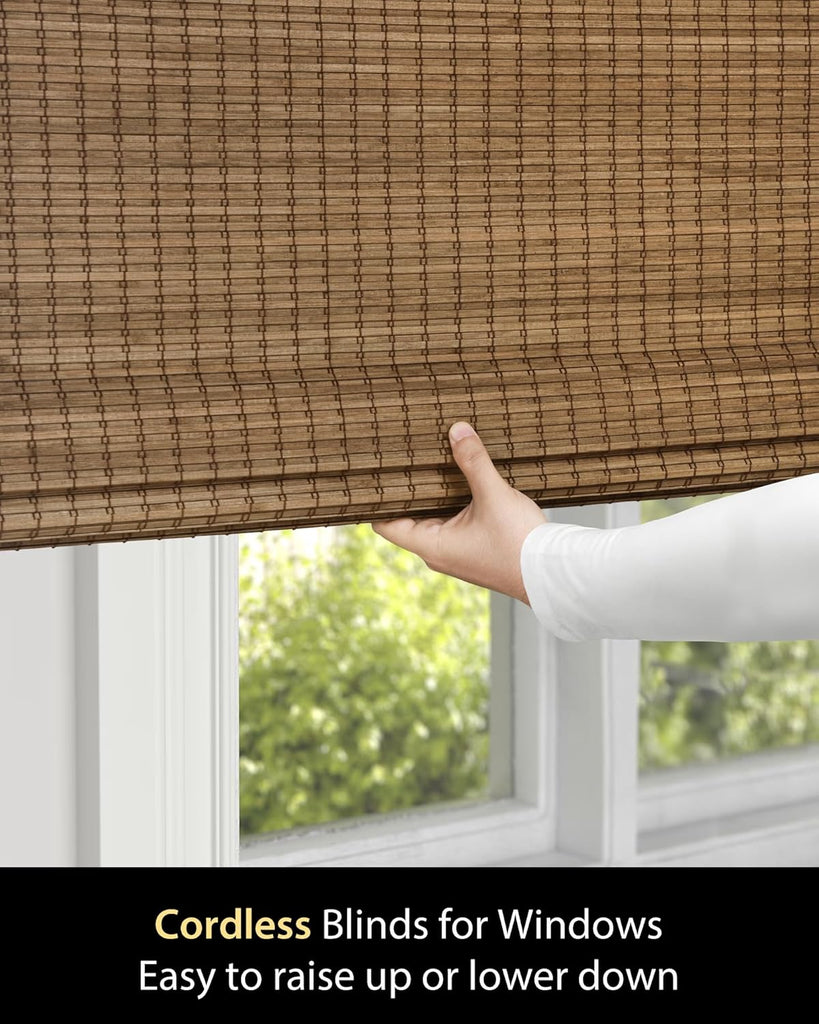 Cordless Bamboo Roman Shades, in, Highfield Teak| Wide Bamboo Strip Weaving Technique, High light-blocking