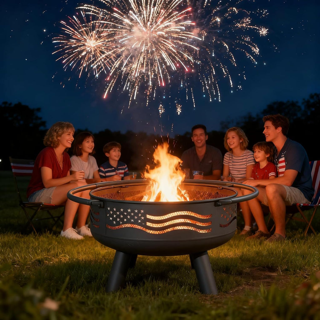32 Inch American Flag Fire Pit with Mesh Cover & Poker, Round Metal Wood Burning Outdoor Firepit