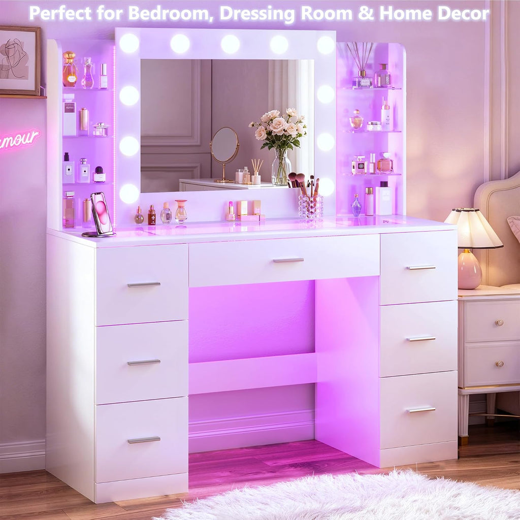 Vanity Desk with Mirror and Hollywood Lights, Makeup Vanity 6 Backlit Open Shelves with Frosted Panel & RGB Light