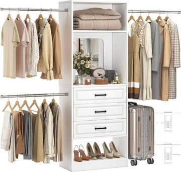 48" W - 96" W Closet System with Mirror, 8FT Walk in Closet Organizer Kits with Drawers and 3 Extendable Hanging Rod