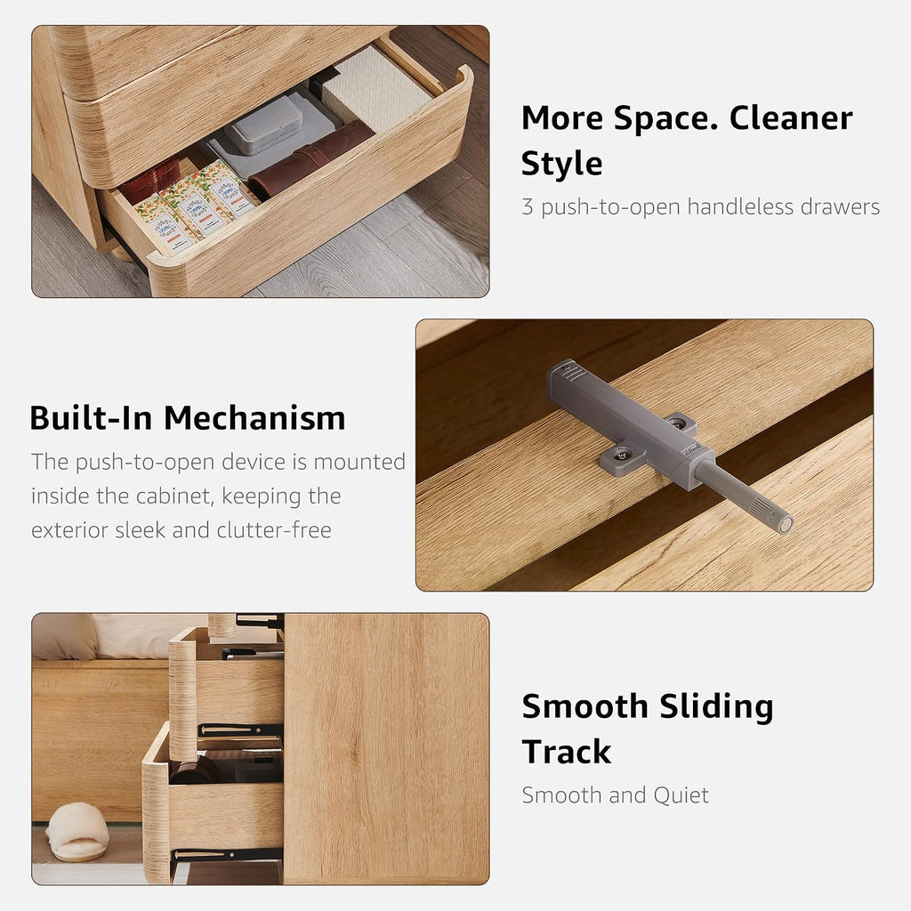 22" Modern Nightstand with Charging Station, Large Push-to-Open End Table, Wood Bedside Table w/Curved Profile