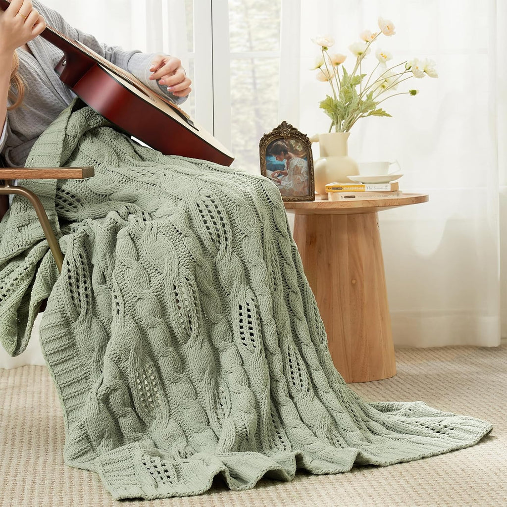 Chunky Knit Throw Blanket, Dual-Sided Soft Chenille Breathable Cable Knitted Blanket, Farmhouse Decorative Throw