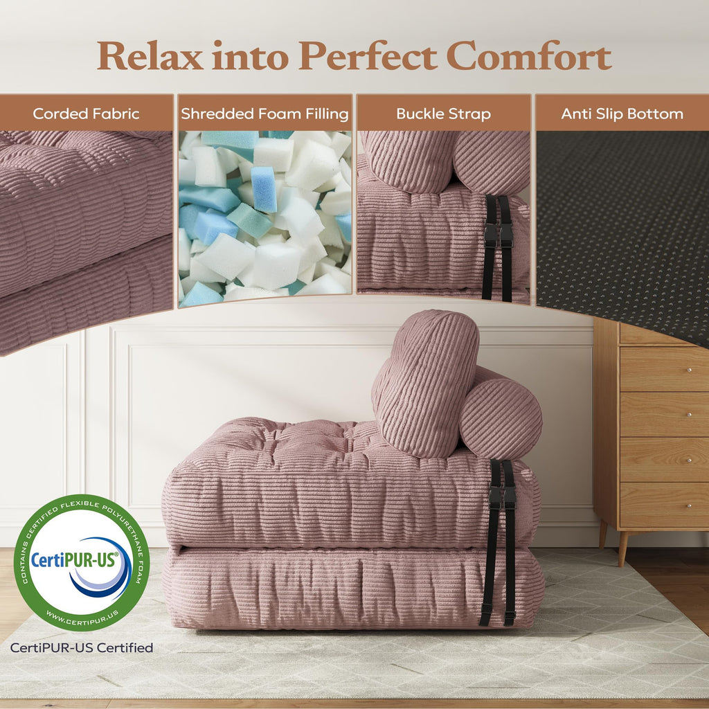 Convertible Folding Sofa Bed Chair, Foldable Soft Foam Couch, Pink
