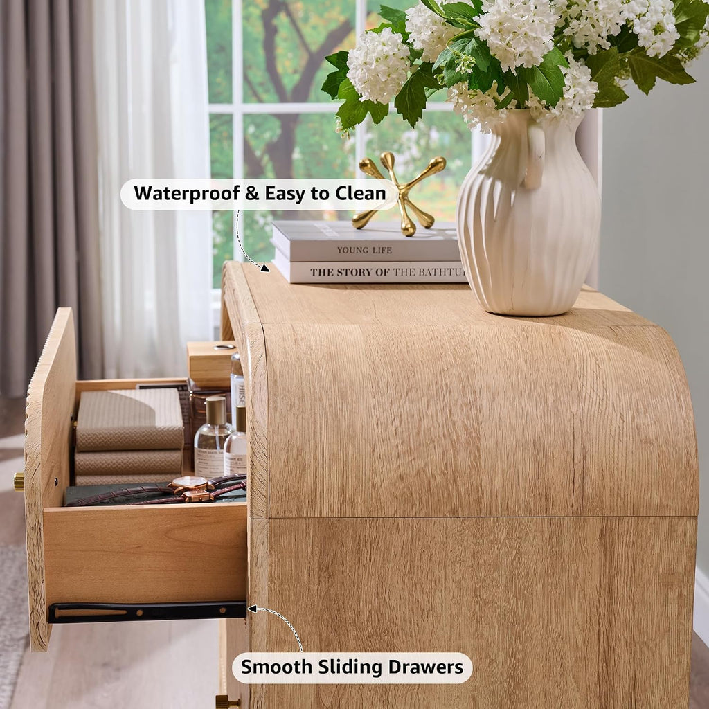 Fluted Nightstand with Charging Station, 32" Large 3 Drawers Bedside Table, Modern End Table with Storage Night Stand