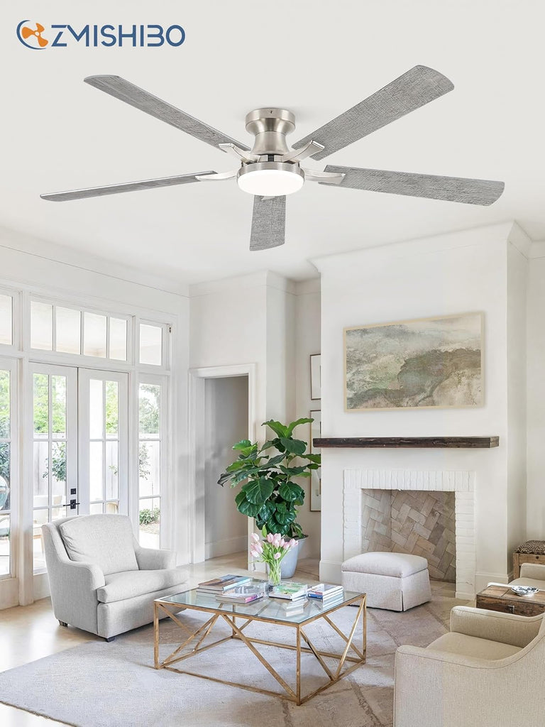 60 Inch Ceiling Fan with Light, App&Remote Control, Flush Mount Low Profile, Dimmable 20W LED Light, Quiet Reversible Motor for Bedroom, Living Room, Apartment, Nickel