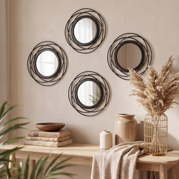 Set of 4 Decorative Wall Mirrors,9 Inch Modern Metal Frame Round Accent Mirrors Abstract Wall Art Decor Bedroom