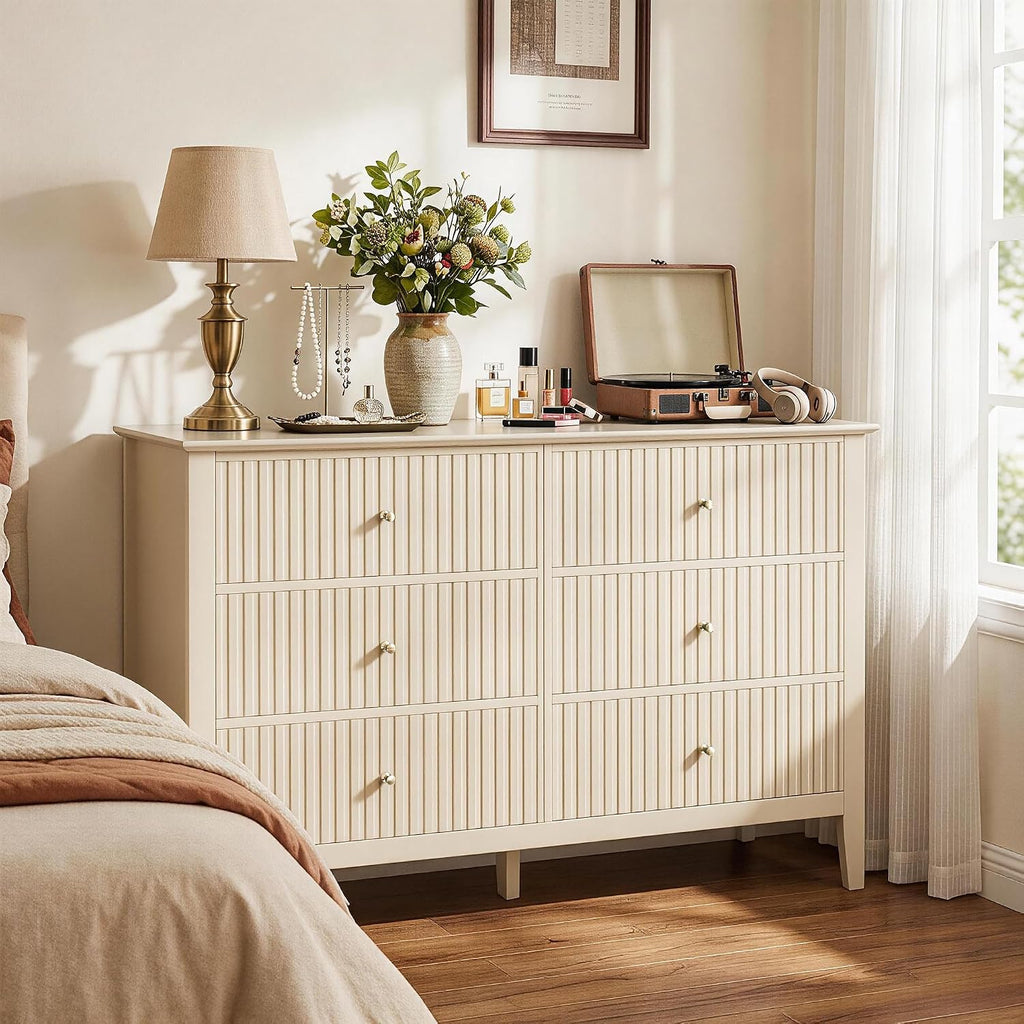 Beige 6 Drawer Dresser, Fluted Modern Wood Chest of Drawers, Long Dresser TV Stand Storage Cabinet