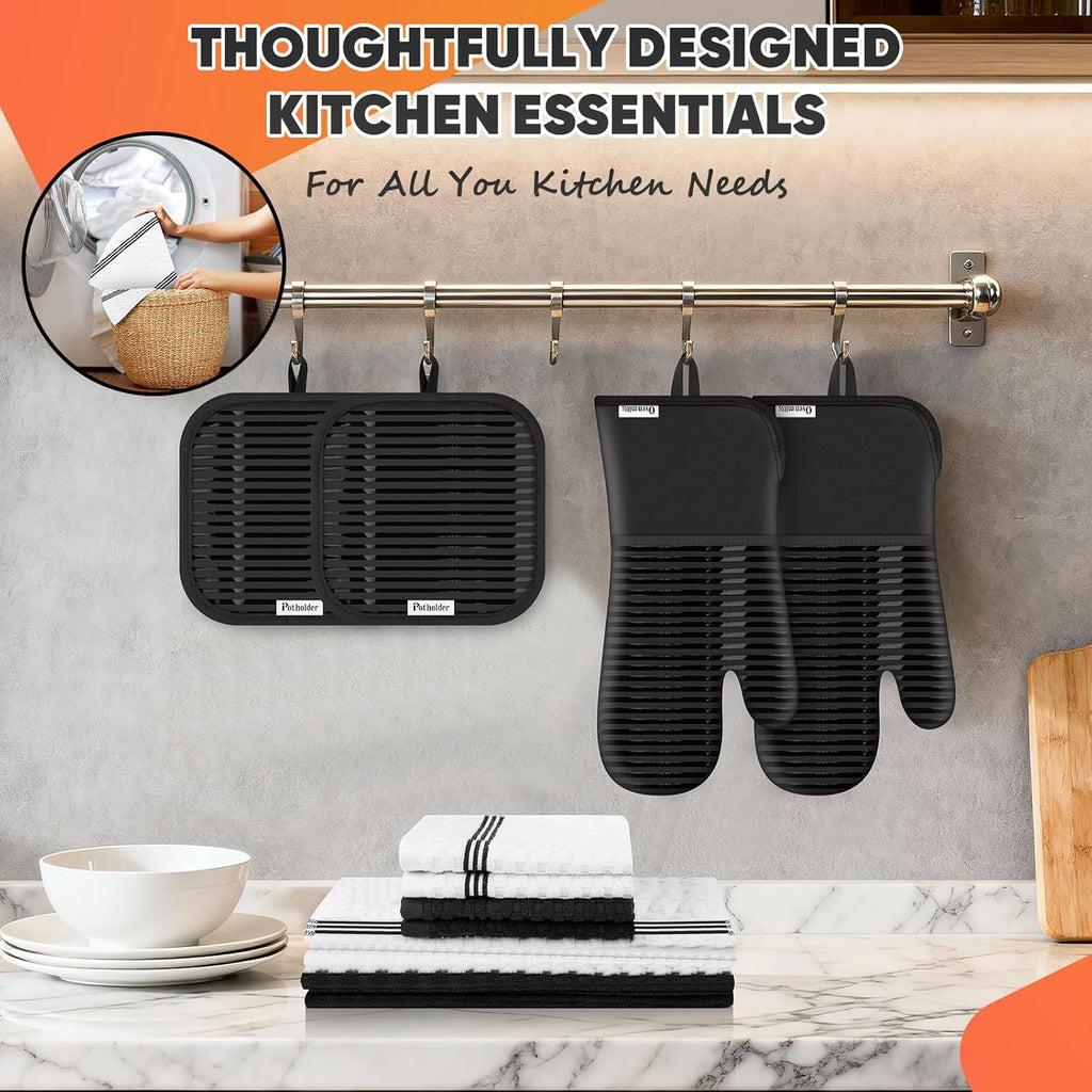 Oven Mitts Kitchen Towels and Dishcloths with Pot Holders Sets, Oven Gloves Hot Pads 500°F Heat Resistant with