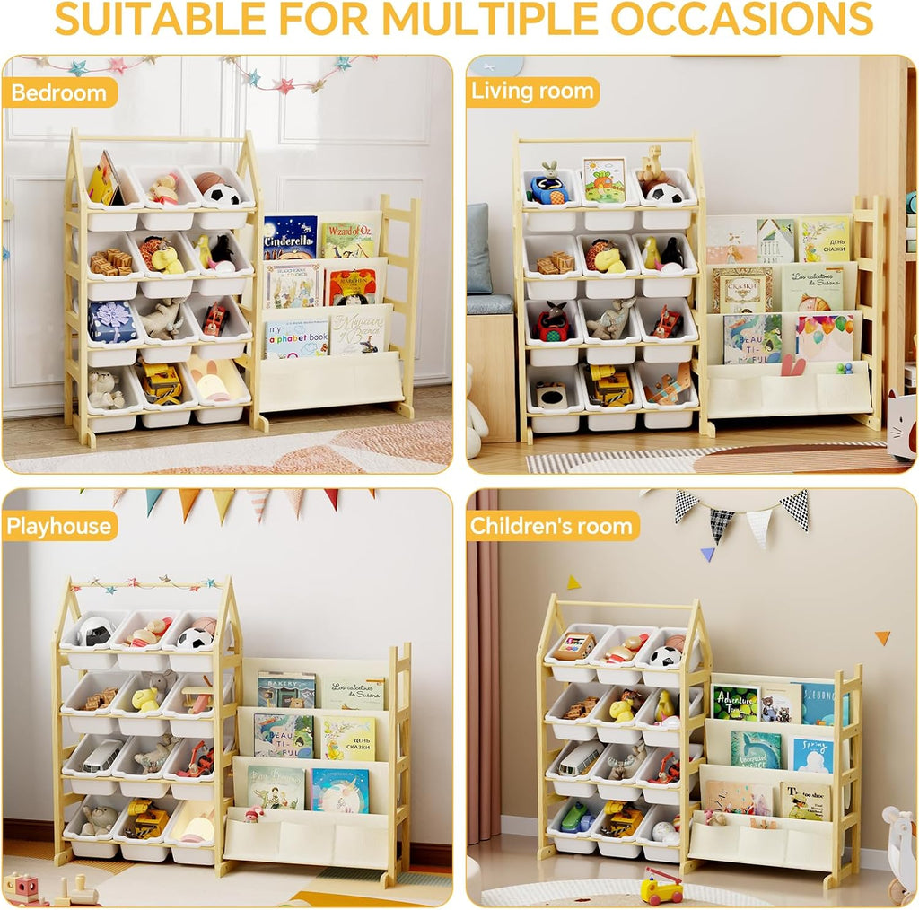 Wooden Toy Storage Organizer Kids Bookshelf, with 12 Toy Organizer Bins, Child Book Shelf for Kids Rooms, Nursery