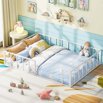 Full Floor Bed for Kids Metal Montessori Bed Frame Playroom Bedroom | Features a slatless, 360° fully enclosed metal