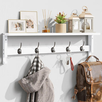 Coat Rack Wall Mount with Shelf, 28.9 Inches Coat Hooks Wall Mounted with 5 Hooks, Hat Wall Hooks for Hanging (White