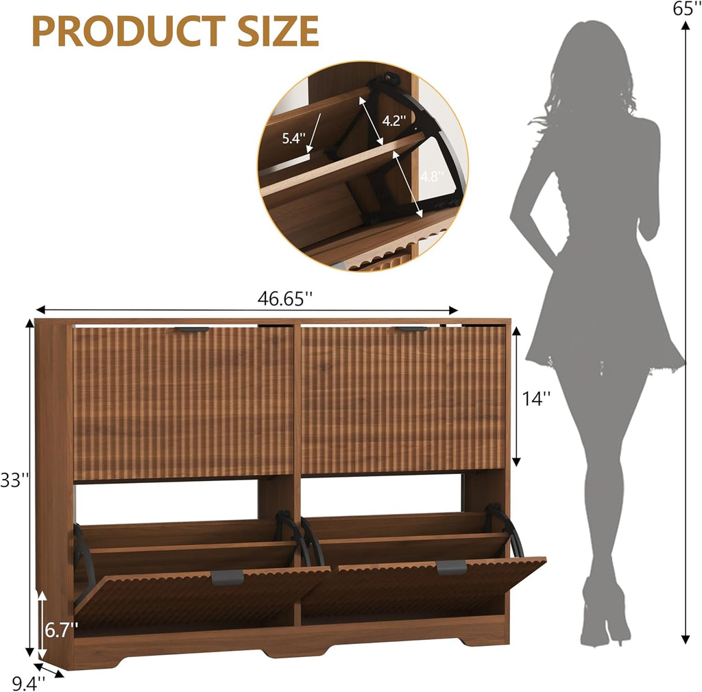 Shoe Cabinet Storage with 4 Flip Drawers, Walnut Fluted Shoe Cabinet with Adjustable Shelves, Wooden Hidden Shoe Rack
