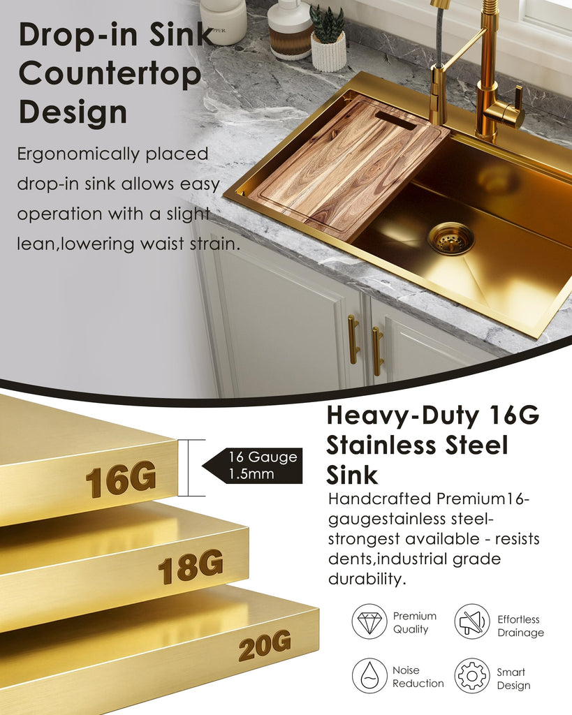 33x22 Gold Drop In Sink Workstation Topmount Kitchen Sink with Accessories