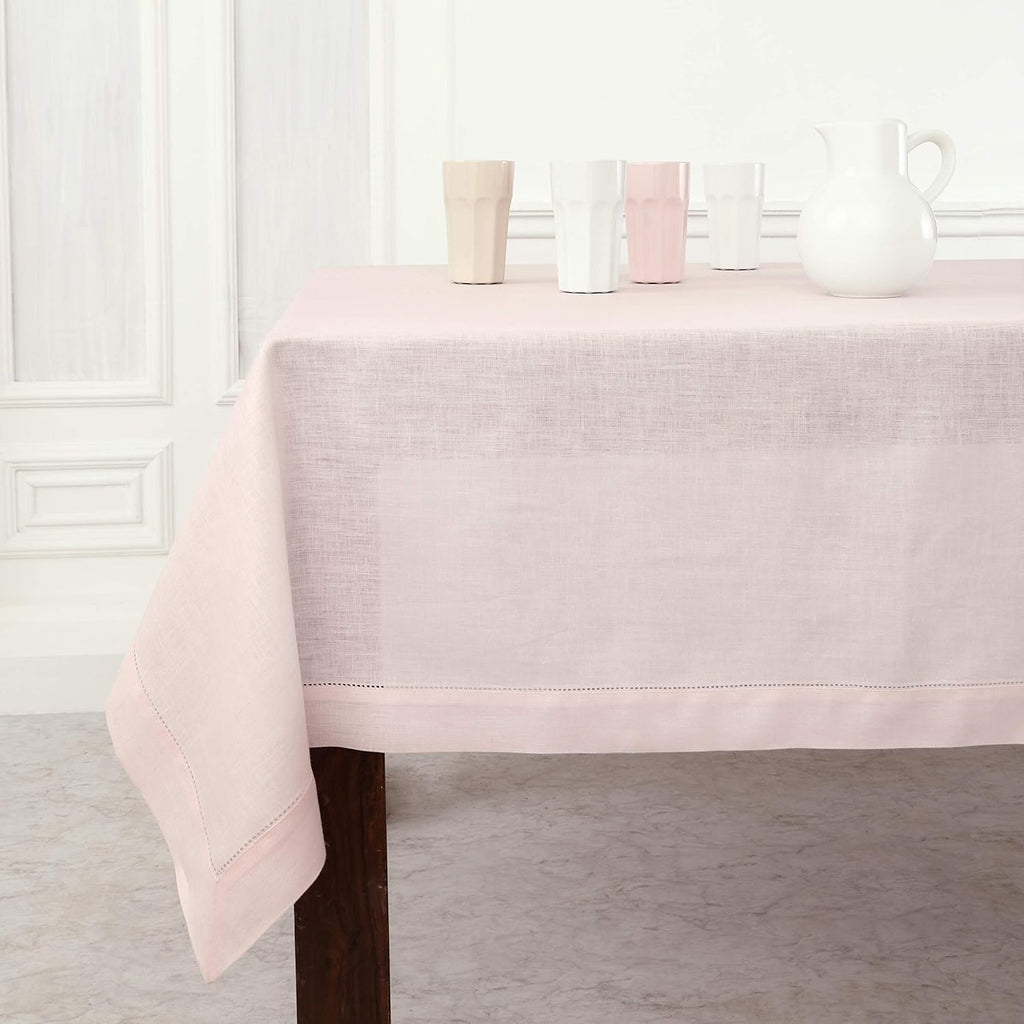 Pink Linen Tablecloth 52 x 52 Inch - 100% Pure Linen Square Table Throw - Classic Hemstitch, Machine