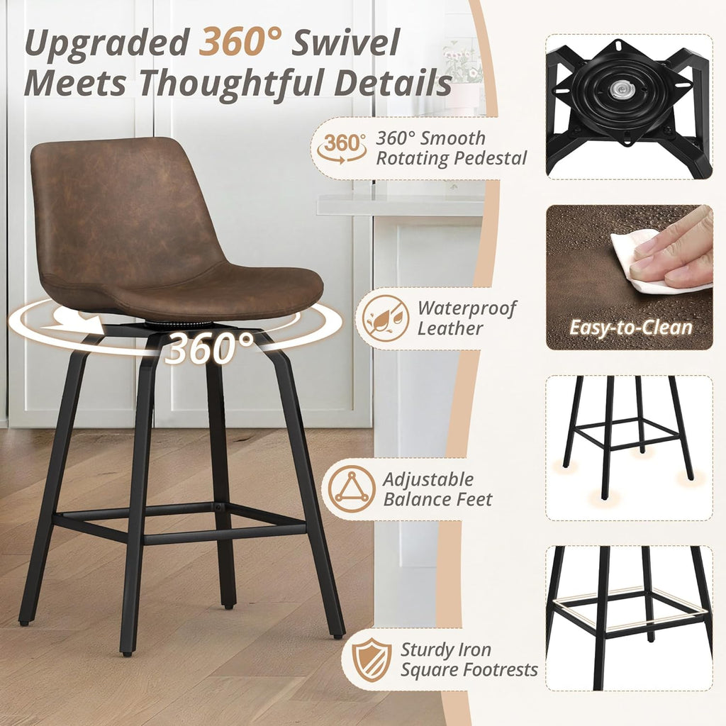 360° Swivel Bar Stools Set of 4, 26 Inch Counter Height Bar Stools, Modern Faux Leather with Enlarged Seats, Metal