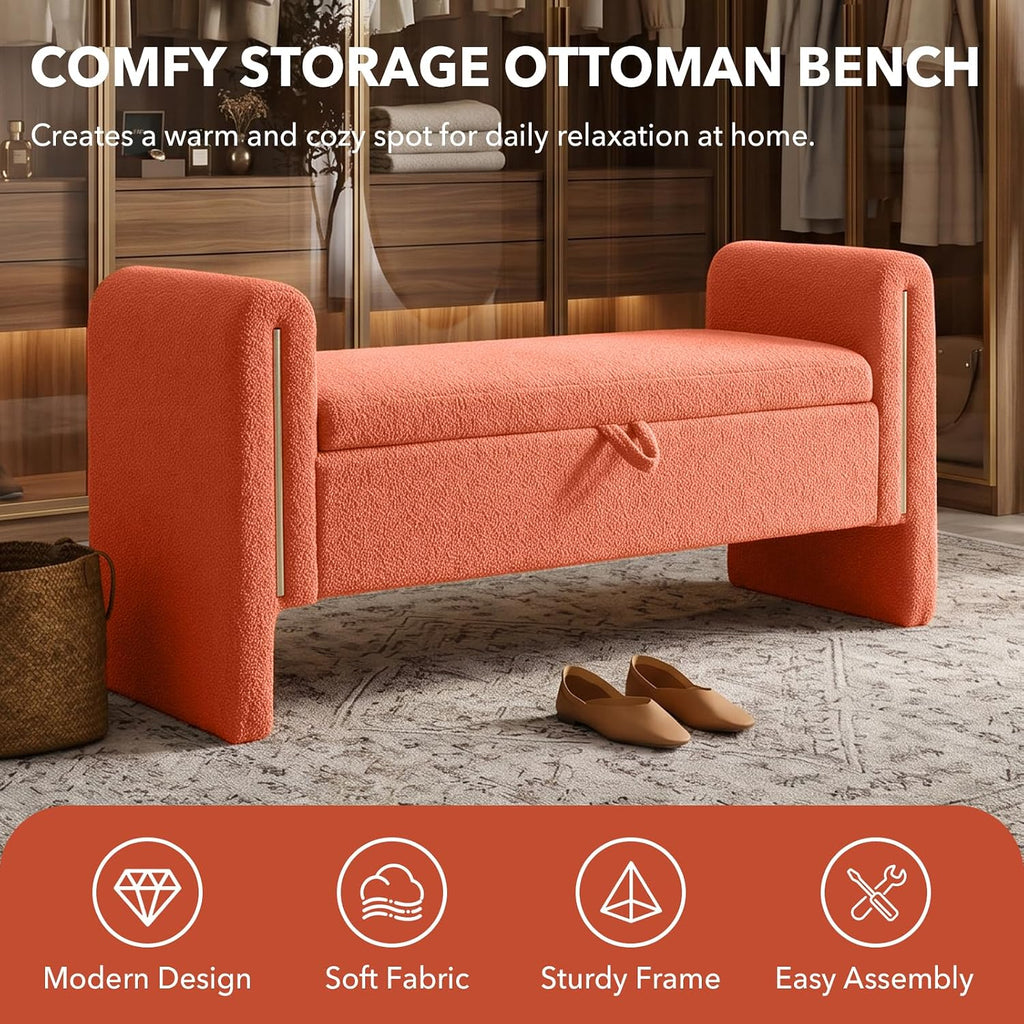 52" Flip-Top Storage Ottoman Bench, Teddy Entryway Bench (Orange) | Teddy Fleece Upholstered End of Bed Bench with
