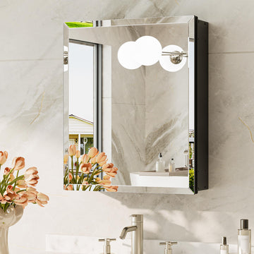 16 x 20 Black Mirrored Medicine Cabinet, Tempered Beveled Mirror, Medicine Cabinet, Assembly Required, Stepless