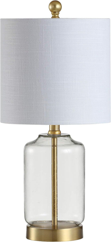 19.5" Brass Gold and Clear Glass Table Lamp, Glam Transitional Bedside Lamp Nightstand, White Linen Drum Shade
