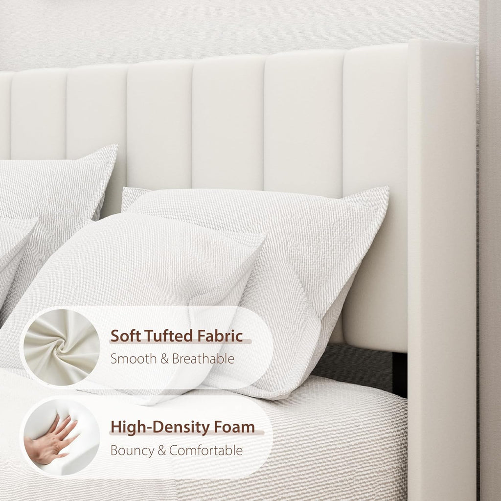King Bed Frame and Headboard,Vertical Channel Tufted Wingback No Box Spring Needed, Mattress Foundation