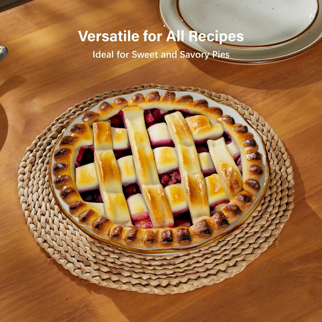 9 Inch Ceramic Pie Pan, Fluted Baking Dish with Brown Glaze Rim, Oven Safe