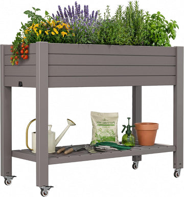 33.7" Tall Raised Garden Bed with Wheels, Divisible Plastic Planter Box with Drainage Gauge & Storage Shelf, Herb