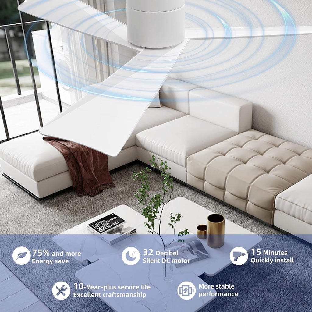 52" Low-Profile Modern Ceiling Fan with Remote – White Geometric Blades, 3-Blade, DC Motor, No Light