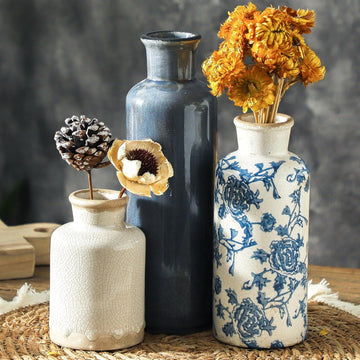 Ceramic Vintage Vases Set of 3, Blue and White Flower Decorative Vase Chinoiserie Decor Rustic Farmhouse Retro Floral