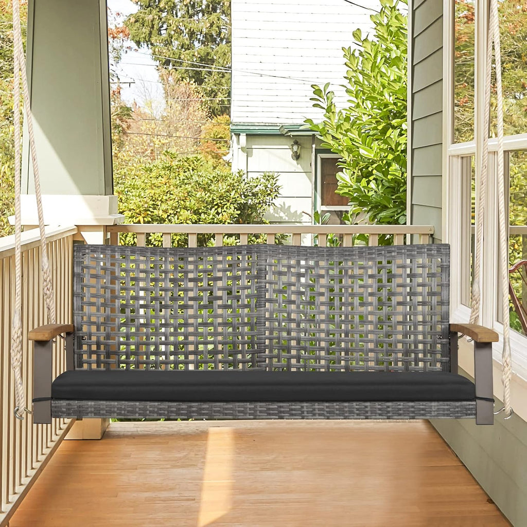 2-Person Outdoor Porch Swing with 118" Hanging Ropes, Patiojoy PE Wicker Patio Hanging Swing Bench with Soft Seat