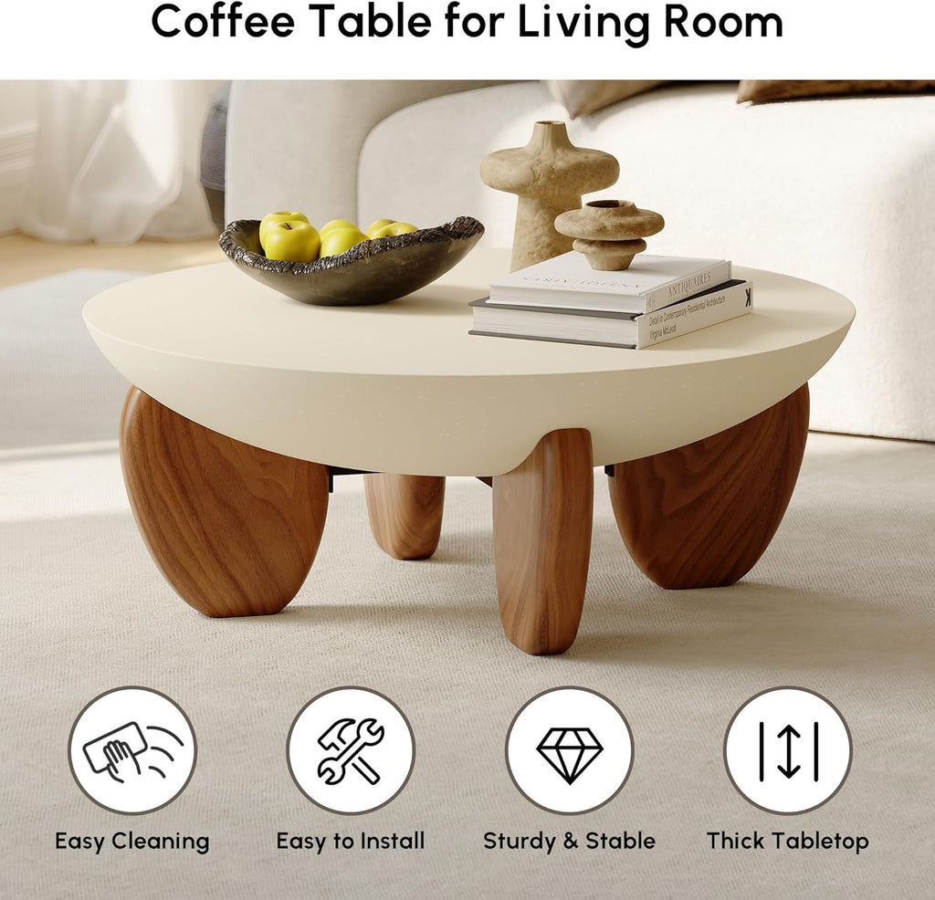 Round Concrete Coffee Table with Premium Walnut Ash Wood Legs, Modern Minimalist Cement Finish Center Table