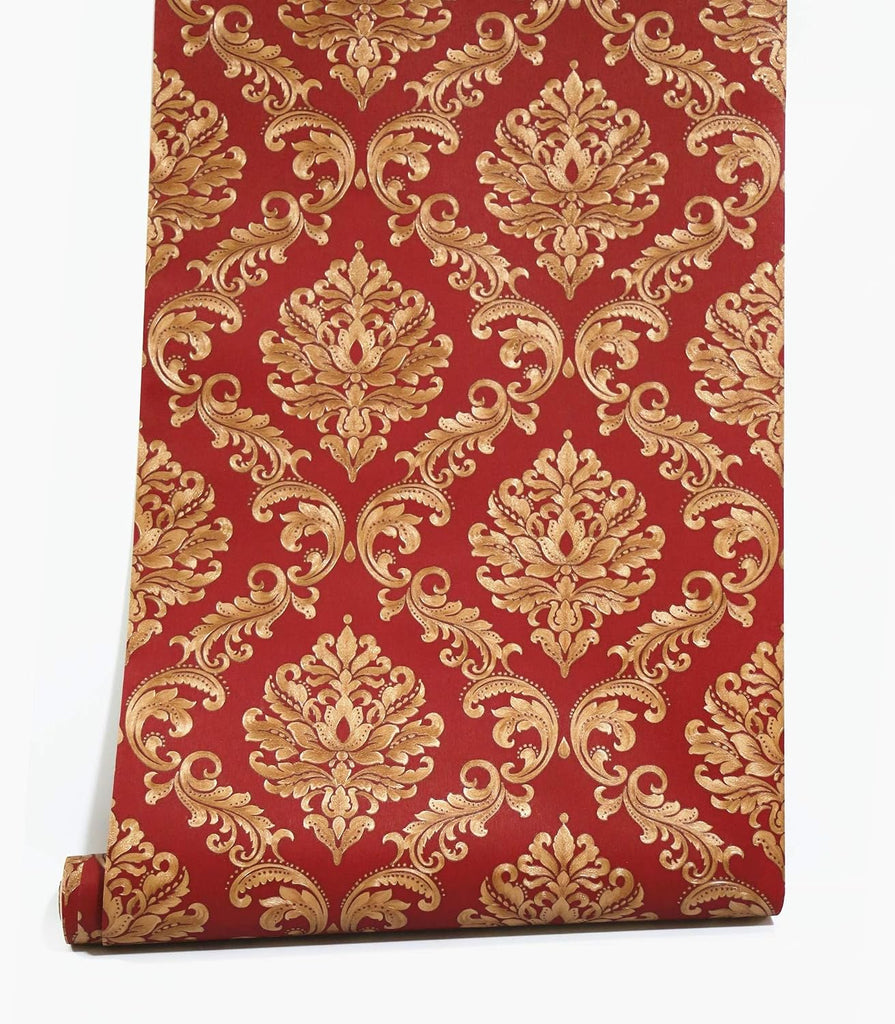 Red Damasks Flocking Embossed Textured Wallpaper Roll Bedroom, 20.8 In32.8 Ft=57 Sq ft Per Roll, Gold/Red