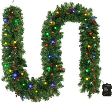 9FT Prelit Christmas Garland - Holiday Garland with 50 Multicolor LED Lights, 8 Pine Cones & 8 Red Berries, Battery