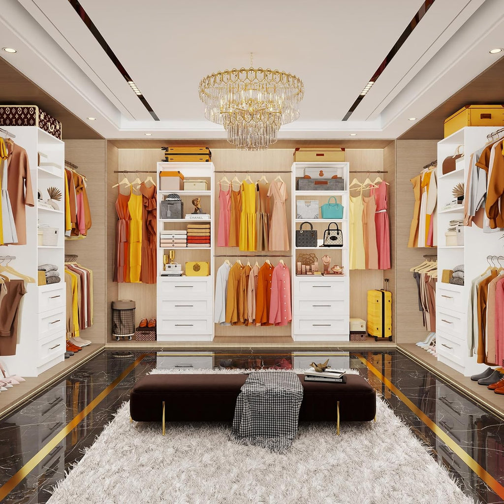 Closet System with 6 Drawers, 5-14FT Custom Closet Organizer System with 8 Expandable Hanging Rods&Adjustable