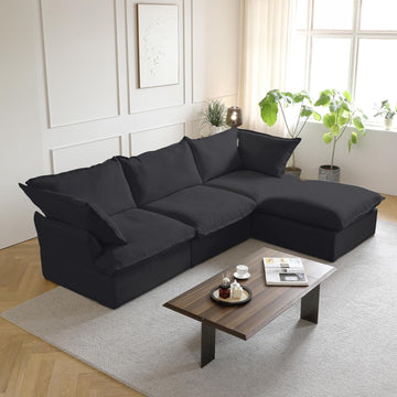 L Shape Sectional Couches, Sectional Sofa with Chaise Ottoman, Deep 3-Seats Modular Sectional Sofa, Cushion Covers Removable, Two Corners and A Middle Sofa for Living Room, Black
