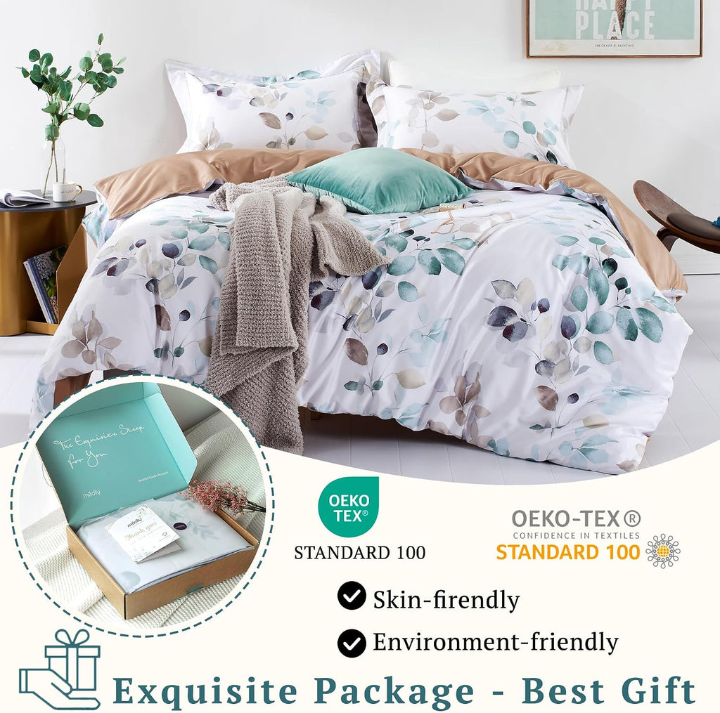 Floral Duvet Cover Set - 100% Long-Staple Cotton Green Leaves Pattern Printed Comforter Cover 3pcs Soft Breathable
