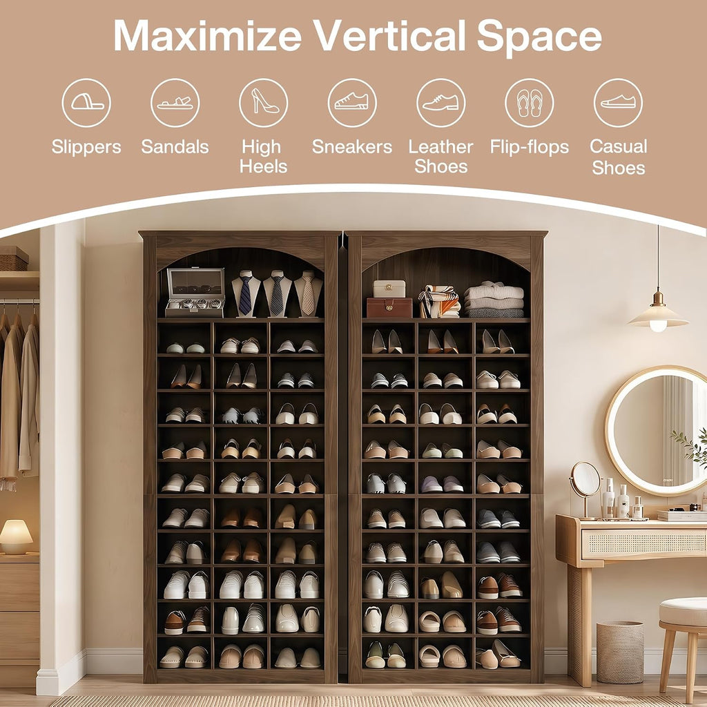 68.7" Tall Shoe Cabinet, 30-Cube Large Capacity Shoe Organizer with Arched Display Shelf, Rustic Entryway Storage for