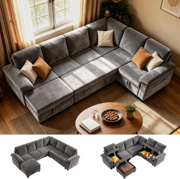 109" Modular Sectional Sleeper Couch,U Shaped 7 Seat Sofa Bed with Pull Out Bed, Cloud Couch with Pillow Armrest &