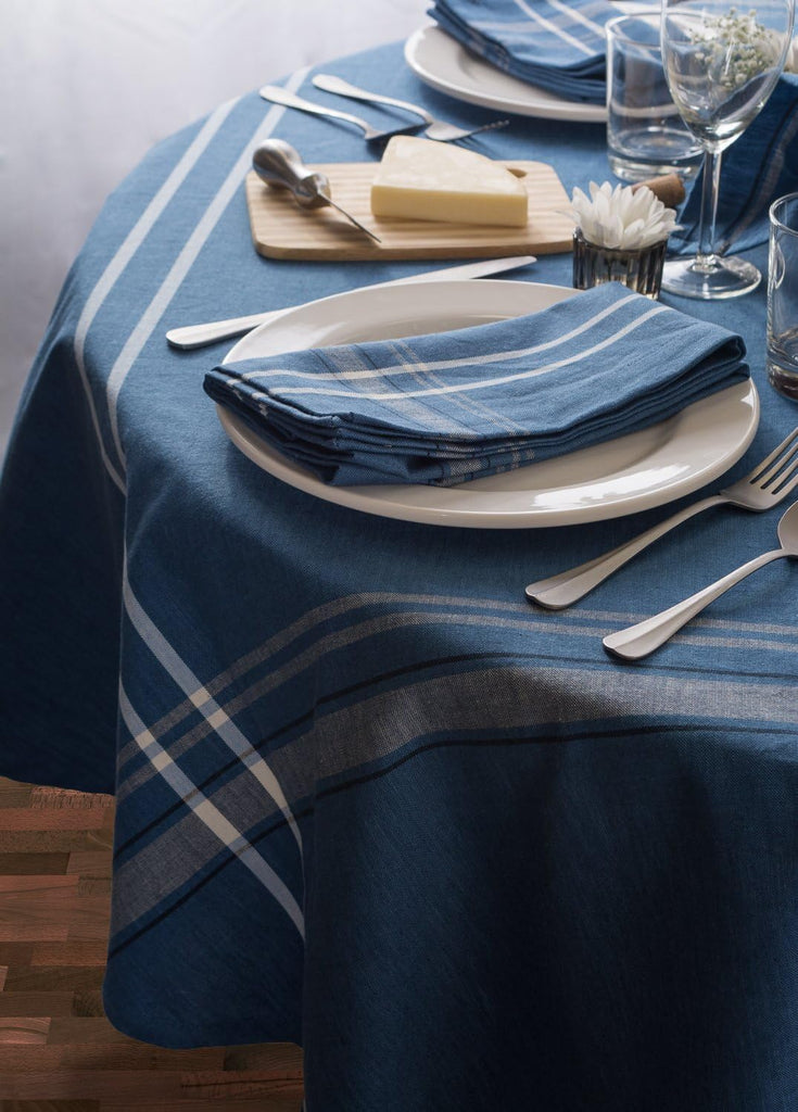 French Stripe Tabletop Collection Farmhouse Style Dining Table Linen Tablecloth, 60x84, Blue Chambra