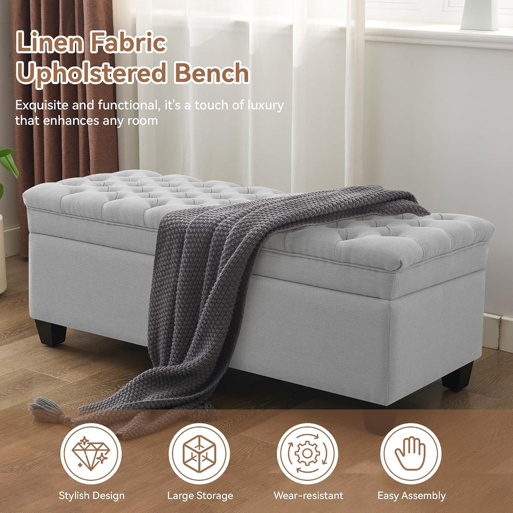 51" Fabric Storage Ottoman Bench, Upholstered Rectangle End of Bed Storage Ottoman Tufted Living Room Bedroom Bench