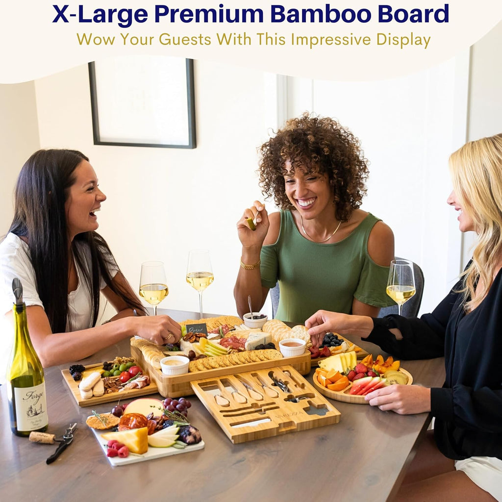 Extra Large Charcuterie Boards Gift Set: Marble Bamboo Cheese Board Set- Unique for Mom, 23 Entertaining Accessories