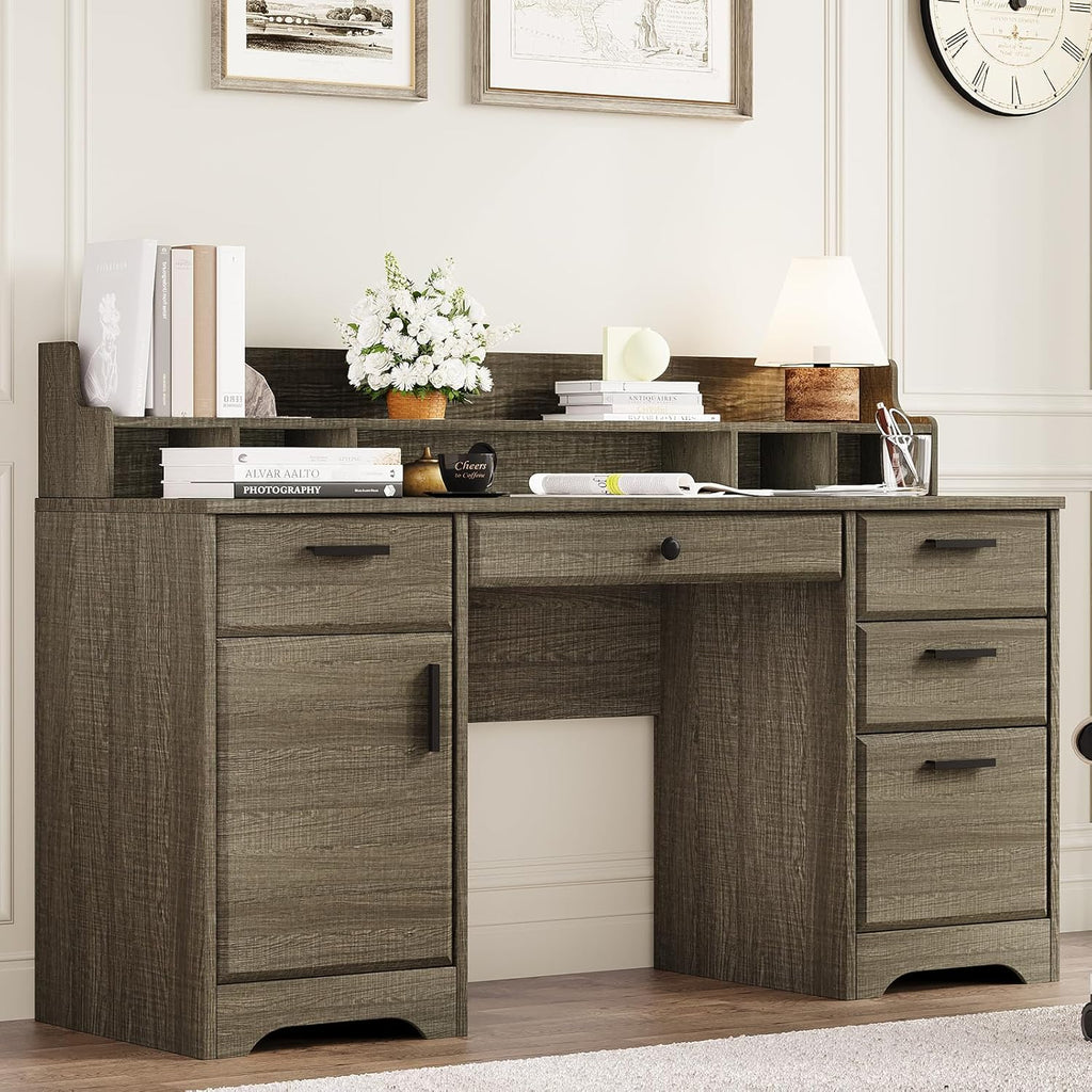 58 Inch Executive Desk with File Drawers, Computer Desk with Storage, Rustic Desk with Adjustable Shelves