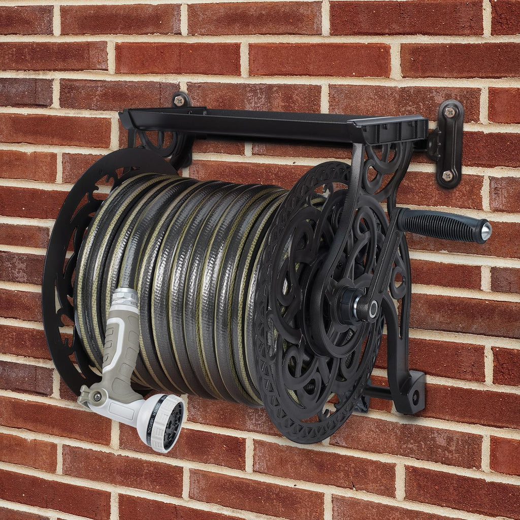 Metal Wall Mount Garden Hose Reel for Outside, Holds 125 ft x 5/8'' Hose Storage, Decorative Heavy Duty Water Hose