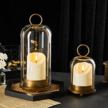 5"&4" Metal Candle Holder with Handmade Glass Dome in Brass & 2 Timer Candles, Set of 2 Versatile Hurricane Glass