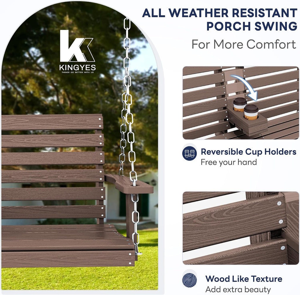 Outdoor Hanging Porch Swing, Waterproof Swing with Cup Holders for Courtyard & Garden, 660LBS Weight Capacity, White