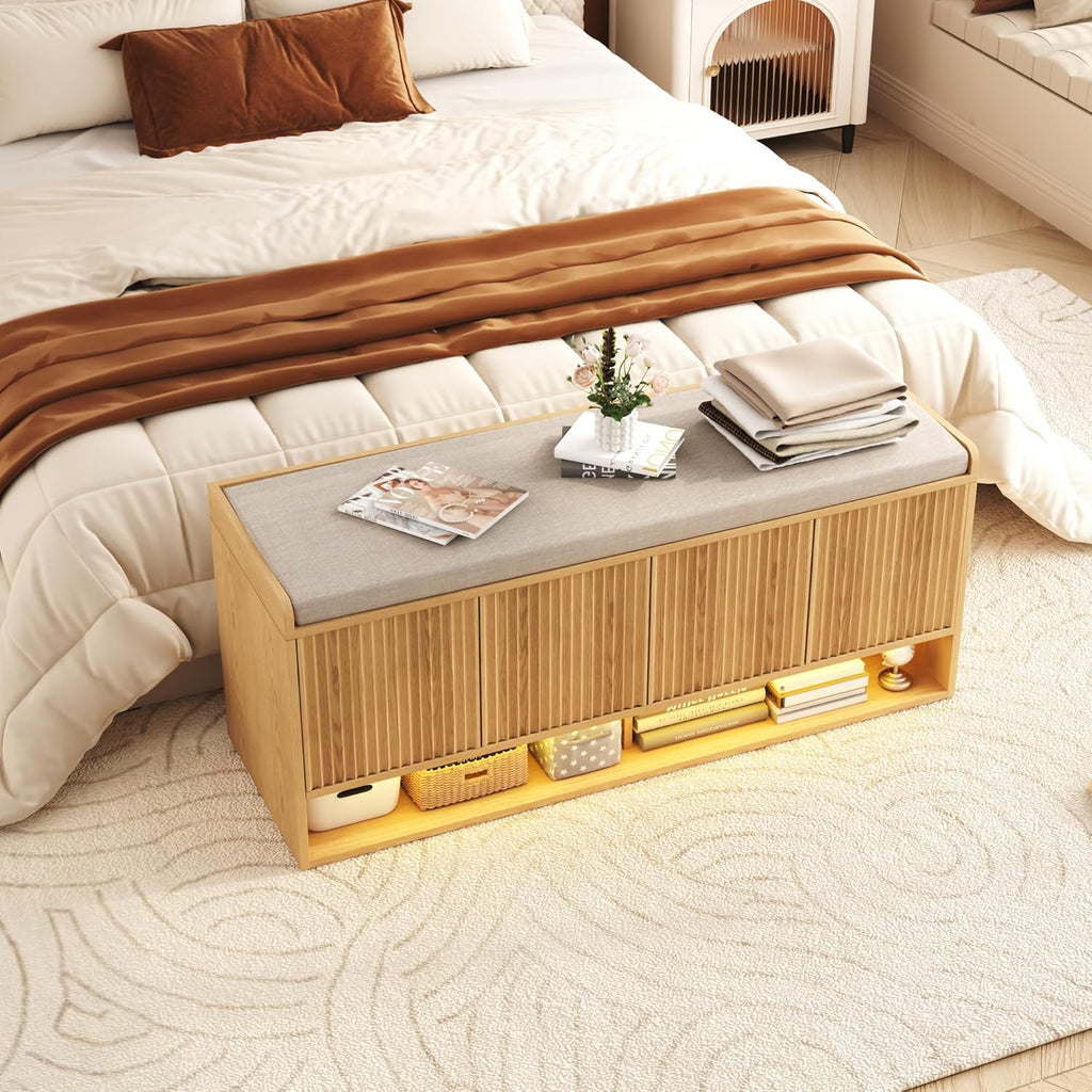 47.2" Fluted Shoe Storage Bench, Entryway Bench with Linen Seat Cushion, Shoe Cabinet Bench with Adjustable Shelf and