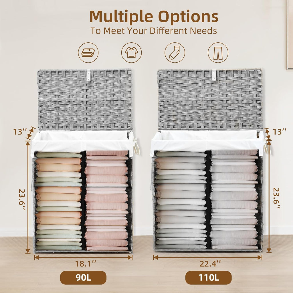 Woven Laundry Hamper with Lid, Large Rattan Clothes Hamper with Removable Machine-Washable Liner, Foldable Laundry