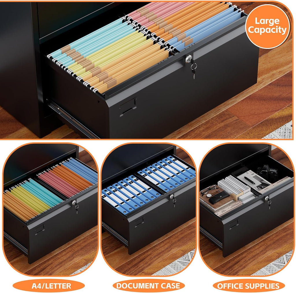 2 Drawer Lateral File Cabinet with Lock, Assembly Required | Black metal cabinet for letter/legal/A4 files, home