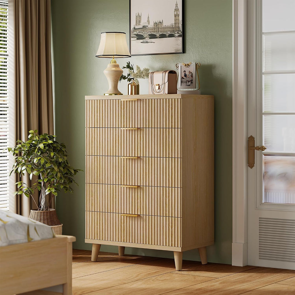 Dresser Wood Tall Dressers Drawers, Fluted Modern Dresser 5 Drawers Natural