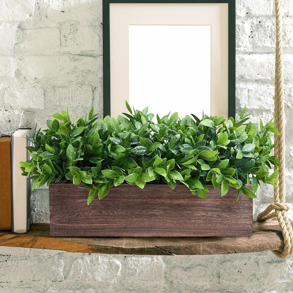 14" Artificial Boxwood Plants in Rectangular Wood Planter Farmhouse Greenery Arrangement Centerpiece Faux Potted Herb